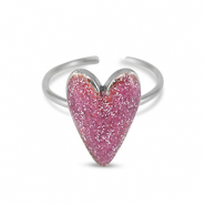 Roestvrij stalen (RVS) Stainless steel ringen enamel hart glitter Vermilion pink-silver
