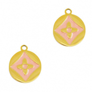 Roestvrij stalen (RVS) Stainless steel bedels rond bloem Gold-pink