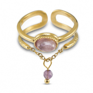 Roestvrij stalen (RVS) Stainless steel ringen met natuursteen Gold-aubergine purple-purple