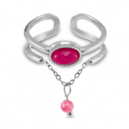 Roestvrij stalen (RVS) Stainless steel ringen met natuursteen Silver-magenta pink