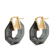 Trendy resin oorbellen hexagon Gold-transparent black