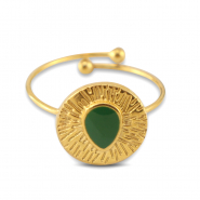 Roestvrij stalen (RVS) Stainless steel ringen enamel rond met druppel Gold-dark green