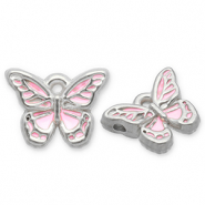Roestvrij stalen (RVS) Stainless steel bedels vlinder Silver-light pink-white