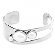 Roestvrij stalen (RVS) Stainless steel armbanden bangle met imitatie parels Silver-white