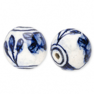 Kralen keramiek 18mm met tulp Off white-Delft blue