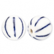 Kralen keramiek 10mm met strepen Off white-Delft blue