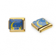 Roestvrij stalen (RVS) Stainless steel Italian charms losse schakels maan en sterren Gold-blue-yellow