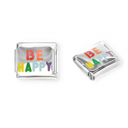 Roestvrij stalen (RVS) Stainless steel Italian charms losse schakels "Be happy" Silver-multicolour