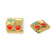 Roestvrij stalen (RVS) Stainless steel Italian charms losse schakels kersen Gold-red-green
