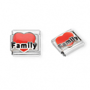 Roestvrij stalen (RVS) Stainless steel Italian charms losse schakels hart "Family" Silver-red-black