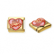 Roestvrij stalen (RVS) Stainless steel Italian charms losse schakels hart "Girl power" Gold-pink-red