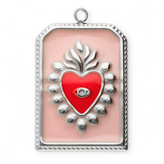Roestvrij stalen (RVS) Stainless steel bedels rechthoek met hart Silver-vintage pink-red