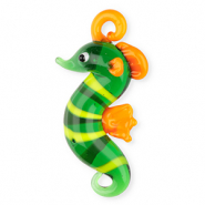 Handgemaakte glasbedels zeepaard Transparent green-orange-yellow