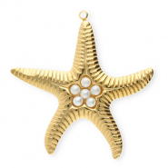 Roestvrij stalen (RVS) Stainless steel bedels zeester met imitatieparels Gold-white