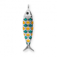 Roestvrij stalen (RVS) Stainless steel bedels vis Silver-petrol green-orange-black