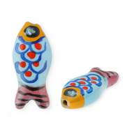 Kralen keramiek vis Blue-orange-vintage pink-red-black