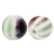 Kralen keramiek 11mm met strepen Light green-off white-brown-blue