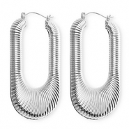 Statement oorbellen / creolen ovaal geribbeld met RVS steker Silver