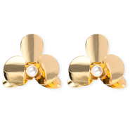 Statement oorbellen / oorstekers bloem met imitatieparel met RVS steker Gold-white