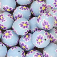 Siliconen kralen 18mm rond met handgeschilderde bloemen Light blue-purple-yellow