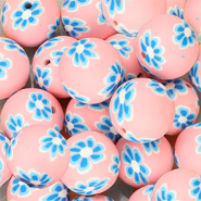Siliconen kralen 18mm rond met handgeschilderde bloemen Pink-dark blue-white