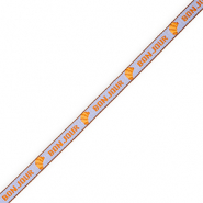 BY31® Lint met tekst "Bonjour" Lavender blue-orange-brown