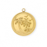 Roestvrij stalen (RVS) Stainless steel bedels rond met palmboom Gold