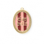 BY31&reg; Eco-brass metaal bedels met enamel ovaal Ciao bella"" Gold-light pink-red