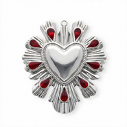 Roestvrij stalen (RVS) Stainless steel bedels met enamel hart Silver-red