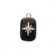 Roestvrij stalen (RVS) Stainless steel bedels met enamel en strass rechthoek met ster Gold-black-crystal