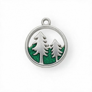 Roestvrij stalen (RVS) Stainless steel bedels met enamel rond met bomen Silver-green