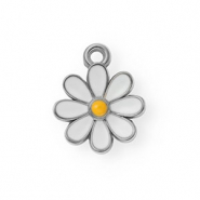 Roestvrij stalen (RVS) Stainless steel bedels met enamel madelief Silver-white-orange