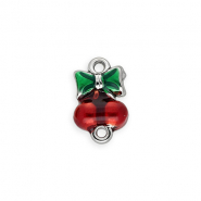 Roestvrij stalen (RVS) Stainless steel onderdelen tussenstuk met enamel kersen met strik Silver-red-green