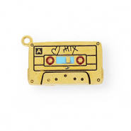 Roestvrij stalen (RVS) Stainless steel bedels met enamel cassettebandje Gold-light blue-red