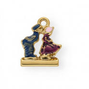 Roestvrij stalen (RVS) Stainless steel bedels met enamel kussend stel Gold-blue-purple