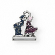 Roestvrij stalen (RVS) Stainless steel bedels met enamel kussend stel Silver-blue-purple