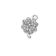 Roestvrij stalen (RVS) Stainless steel bedels met strass klaver Silver-crystal