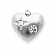 Roestvrij stalen (RVS) Stainless steel bedels met strass hart Silver-crystal