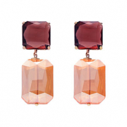 Oorbellen / oorstekers van Crystal Glas vierkant-rechthoek Dark plum-apricot orange-gold