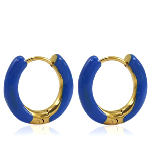 Roestvrij stalen (RVS) Stainless steel oorbellen creolen enamel 16mm Cobalt blue-gold