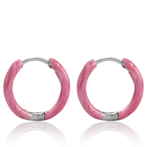 Roestvrij stalen (RVS) Stainless steel oorbellen creolen enamel 14mm Punch pink-silver