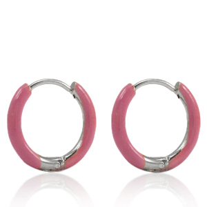 Roestvrij stalen (RVS) Stainless steel oorbellen creolen enamel 14mm Thulian pink-silver