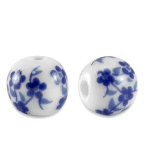 Kralen keramiek 8mm White-Delft blue