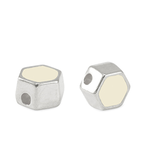 Kralen DQ metaal hexagon Antiek zilver-ivory white (nikkelvrij)