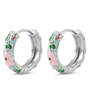 Brass TQ metaal creolen met enamel flower Silver-pink blue