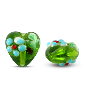 Handgeschilderde glaskralen hart bloem Transparent green-blue