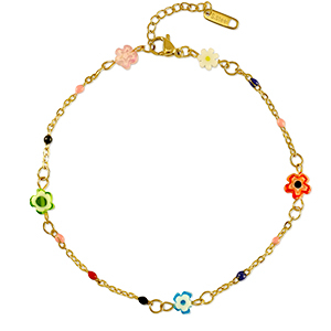 Roestvrij stalen (RVS) Stainless steel enkelbandjes millefiori flower Gold-multicolour