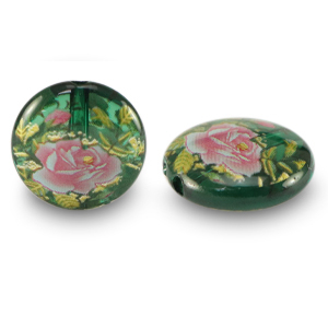 Glaskralen 14mm bloem Green transparent-rose red