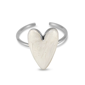 Roestvrij stalen (RVS) Stainless steel ringen enamel hart Pearl white-silver