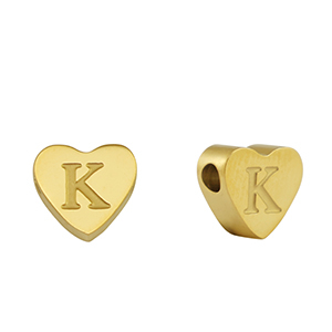 Roestvrij stalen (RVS) Stainless steel kralen hart letter K Gold